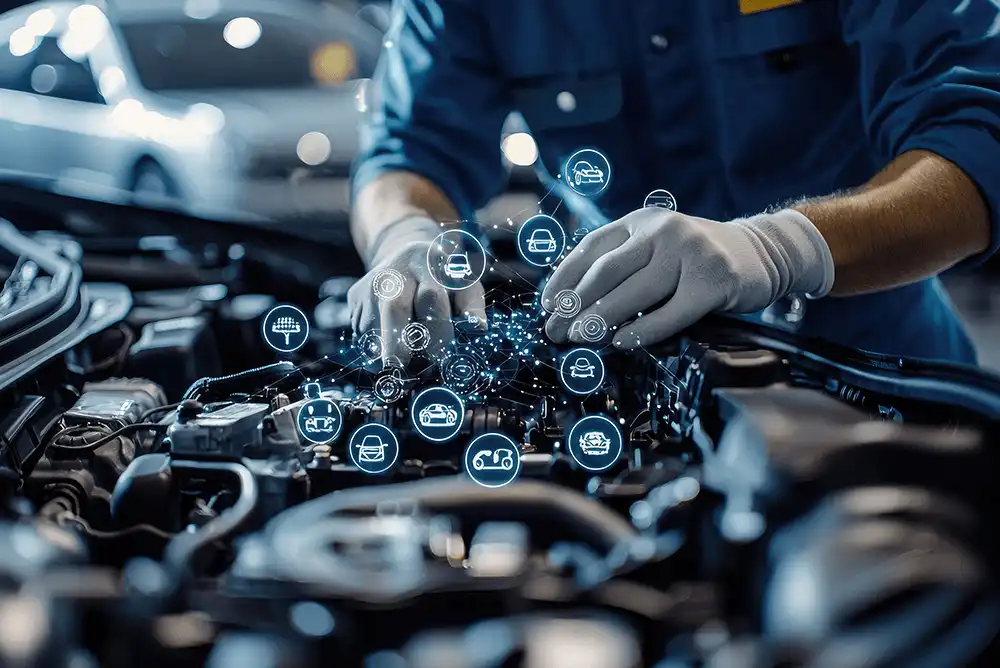 Technician checking engine sensors for ADAS calibration at Kosmic Collision LLC in Concord NC